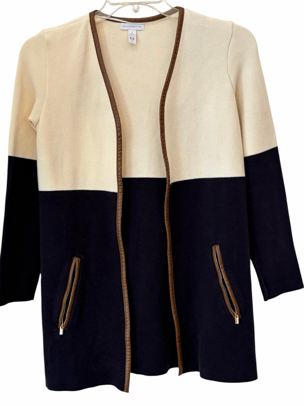 Two-Tone Open Front Knit Jacket w/faux leather trim & zip pockets